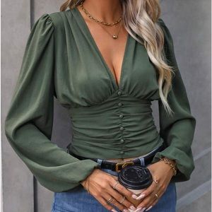 Plunge V-Neck Pleated Smocked Waist Button Lantern Sleeve Top Blouse Green
